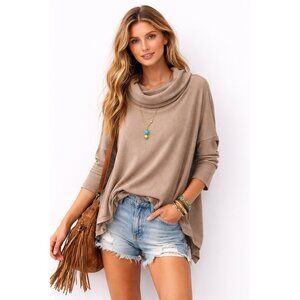 FREE PEOPLE juicy ribbed long sleeve thermal shirt top XL tan cowl neck swing